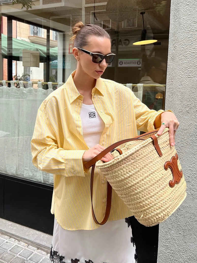 Gelb gestreifte übergroße Blusen Frauen Langarm T-Shirt Top High Street Casual Umlegekragen Blusen weibliche Baumwollhemden