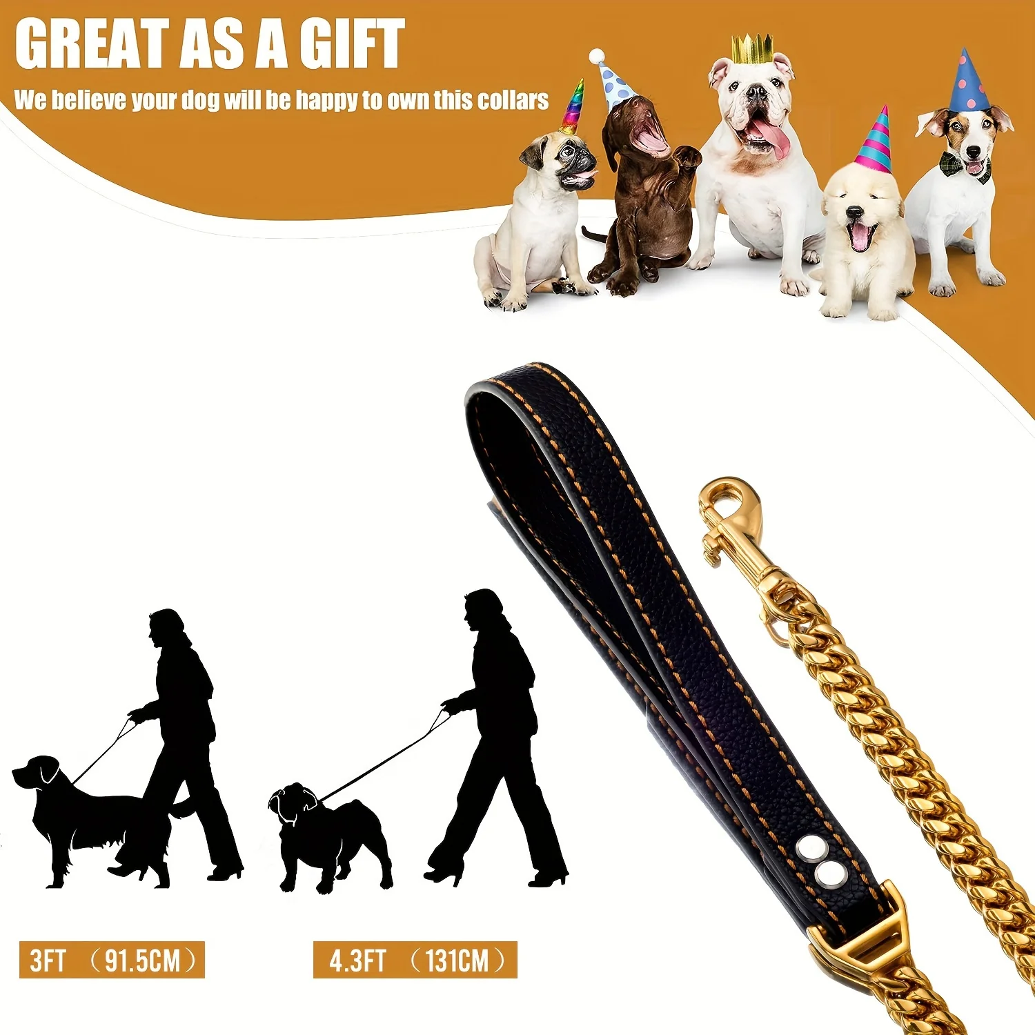 18K Golden Stainless Steel Dog Chain Leash with Comfortable Leather Handle - 3.5FT Length for Small, Medium, and Large Dogs