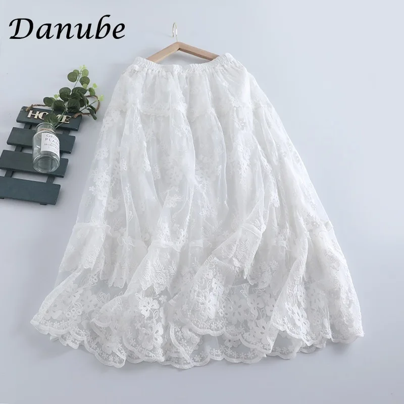 Vintage Mori Lace Tulle Skirt for Women Spring Summer Japanese Elegant High Waist Puffy Cake Tutu Skirt faldas largas para mujer