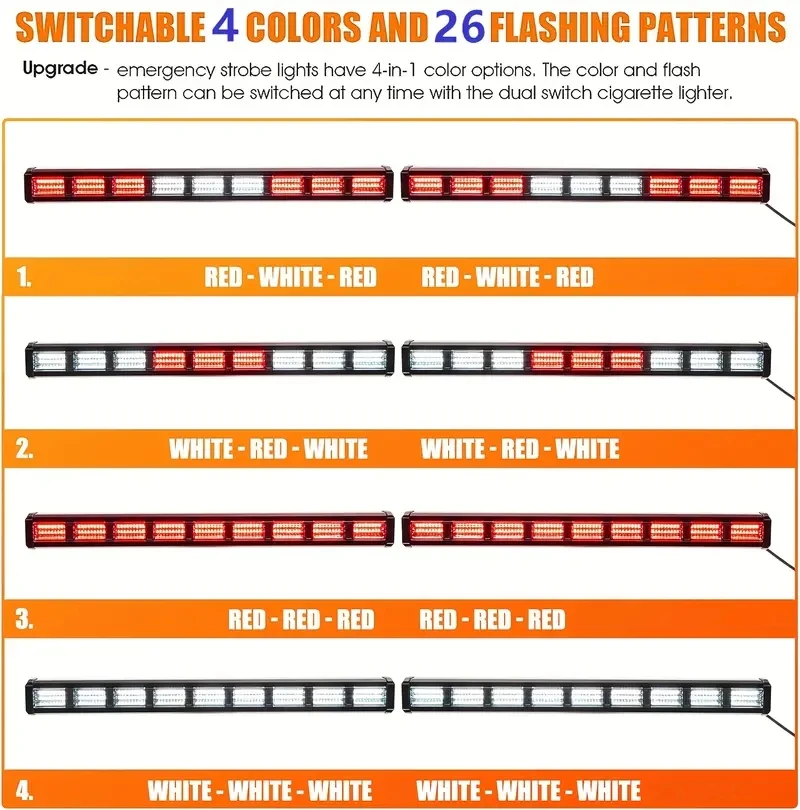 80 LED High Bright Emergency Strobe Flashing Warning Light Bar 26 Modes Switching, Car Plug Powered 12-24V Operating Voltage, T