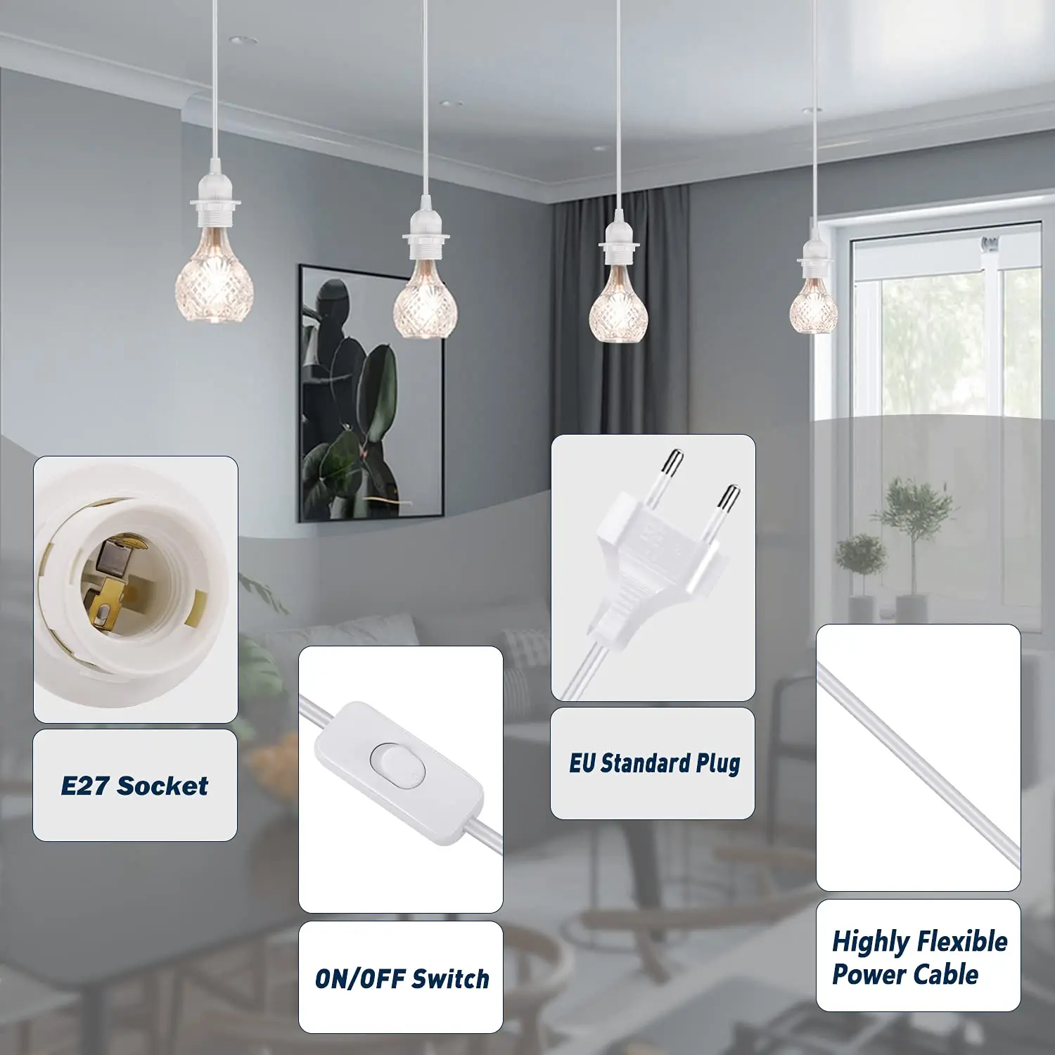 EU Pendurado Suporte Base da Lâmpada com Interruptor, Cabo de Alimentação, Luminária LED, Adaptadores de Soquete, 220V, E26, E27, 1.8m