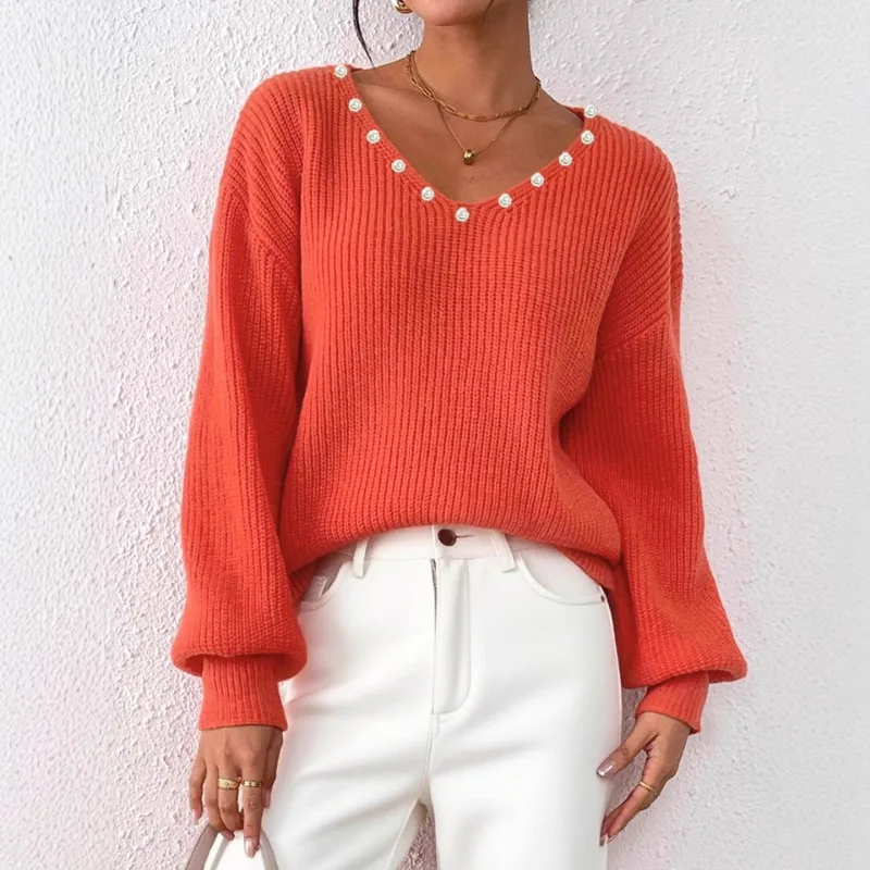 

Women's New Women's Loose Sweater Nailed Pearls V-neck Casual Versatile Pullover Hair