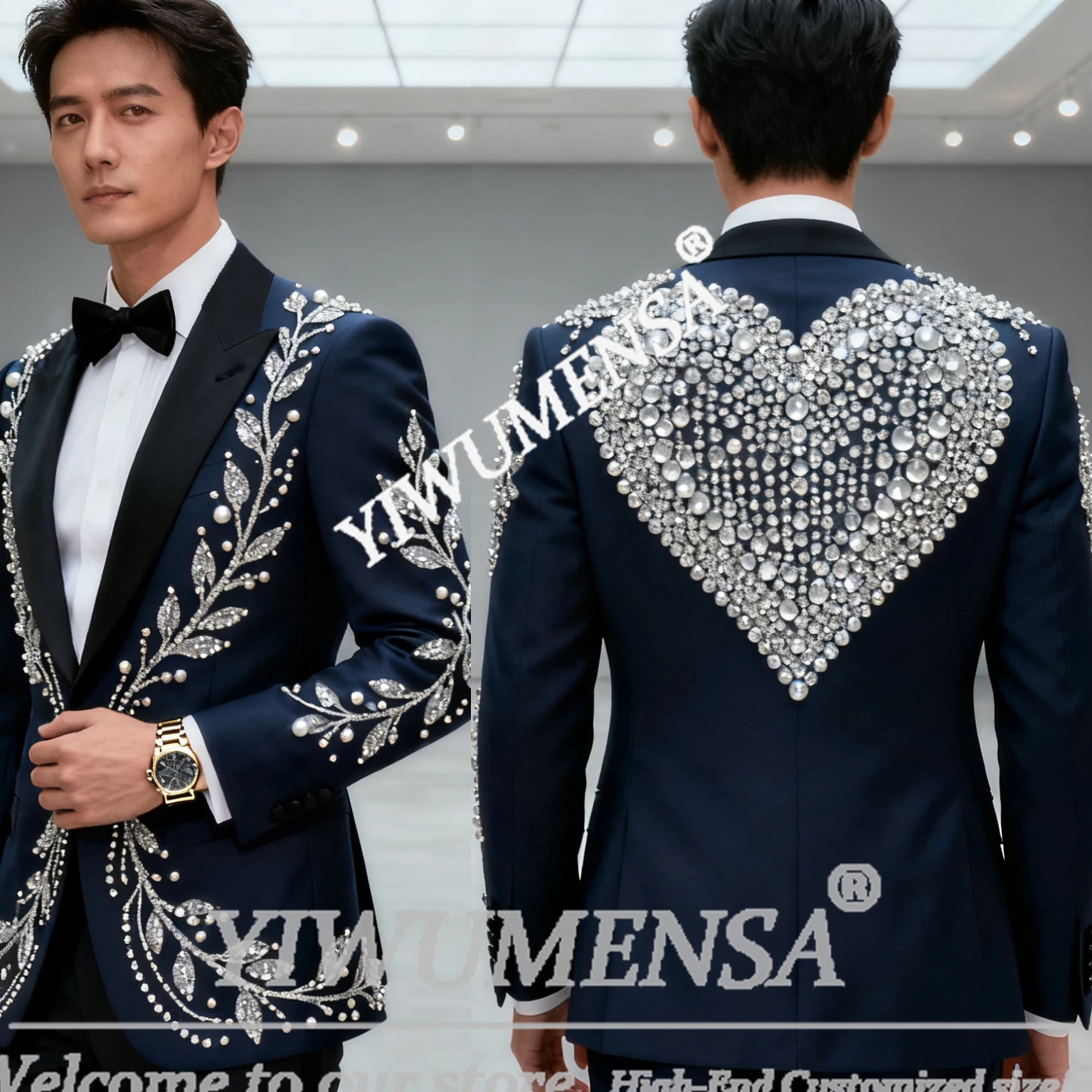 

Luxury Rhinestones Beaded Suit Men Customized Wedding Groom Tuxedos Shawl Lapel Prom Blazers Outfits Slim Fit Trajes Para Hombr