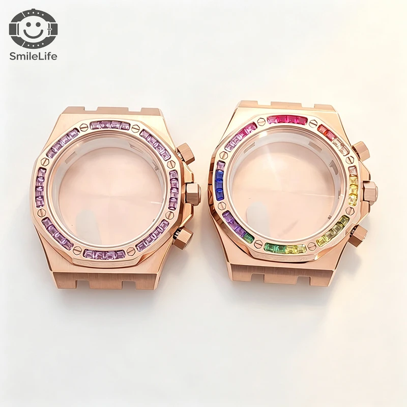 smilelife-41mm-diamond-bezel-rosegold-vk63-watch-case-with-steel-strap-sapphire-glass-fit-vk63-quartz-movement-watch-accessories