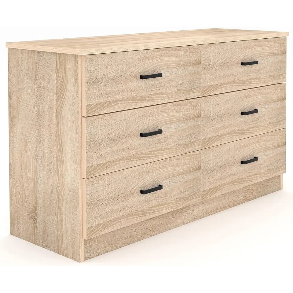Tocador doble de madera con 6 cajones, aparador con asas de Metal para dormitorio, 15,8 "D x 47,2" W x 27,7 "H, roble claro/Negro/Blanco/marrón nogal