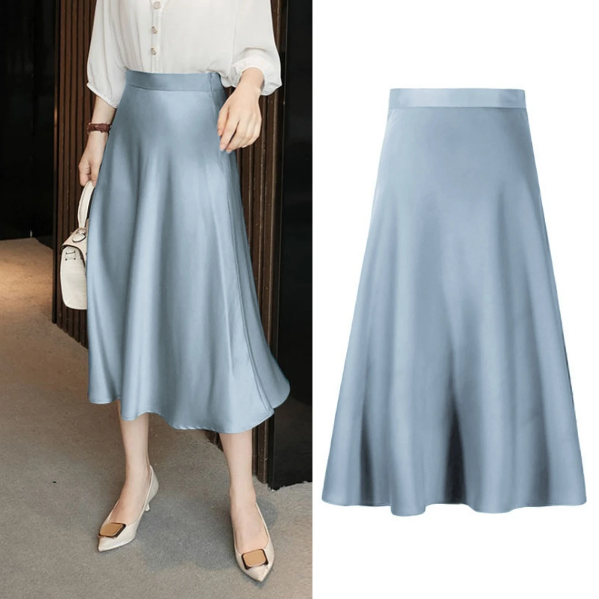 

Jyate High-waisted A-line Satin Skirt For Women 2023 New Korean Fashion Solid Color Zipper Summer Midi Skirts Elegant Officewear