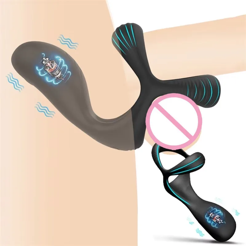 3 In 1 Vibrating Cock Ring Male Vibrator Penis Ring Delay Ejaculation Cockring Perineum Stimulator Sex Toys For Men Adult Goods