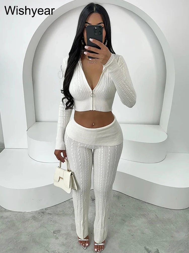 Winter Warm Thicken Sweater Two Piece Sets for Women Knitted Long Sleeve Zipper Hooded Crop Top and Flare Pants Matching Outfits