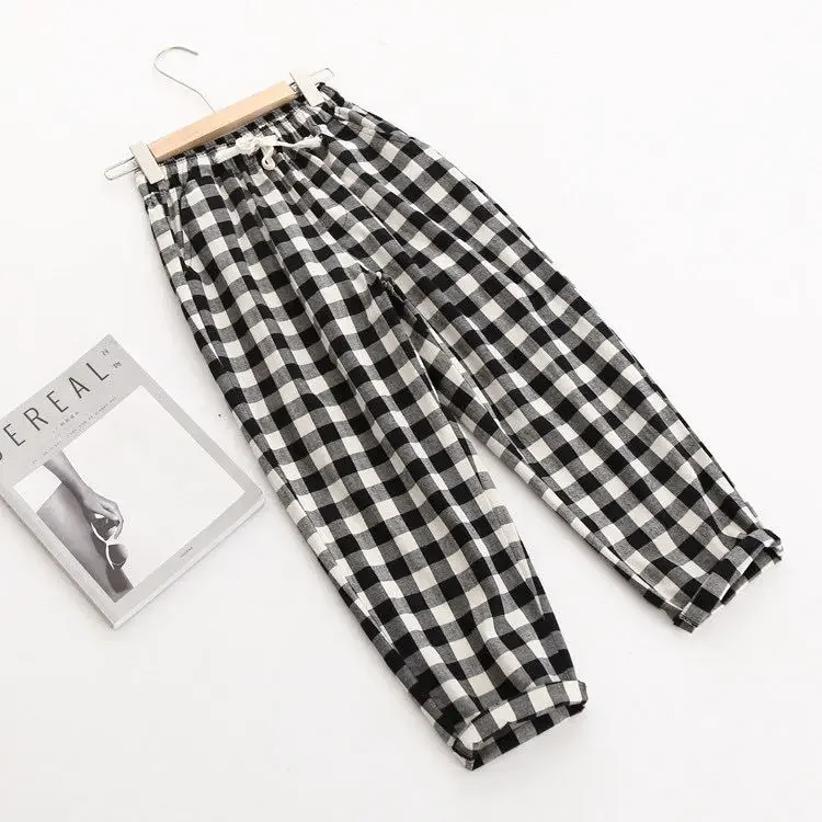 2024 Spring Summer Plaid Pants Women\'s  Harem Pants Capris Drawstring Waist Large Size Casual Loose Cotton Linen Trousers Women