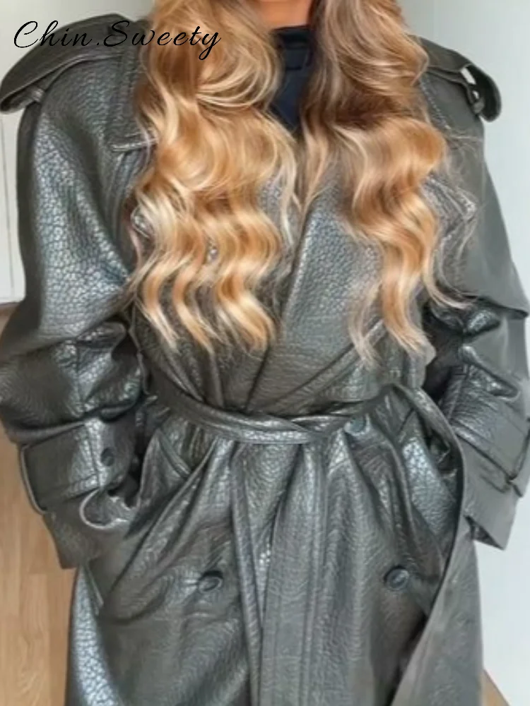 

Элегантное женское двубортное длинное кожаное пальто с поясом и лацканами, куртка с длинными рукавами и карманами, осень-зима 2022, женская верхняя одежда, новинка