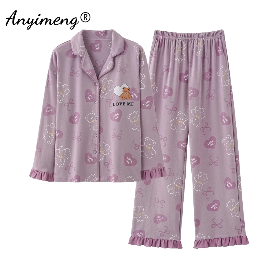 Turn-down Collor Faux Cotton Autumn Spring New Women Pajamas Set Long Sleeves Sleepwear Leisure Pijama Lady Casual Homesuits