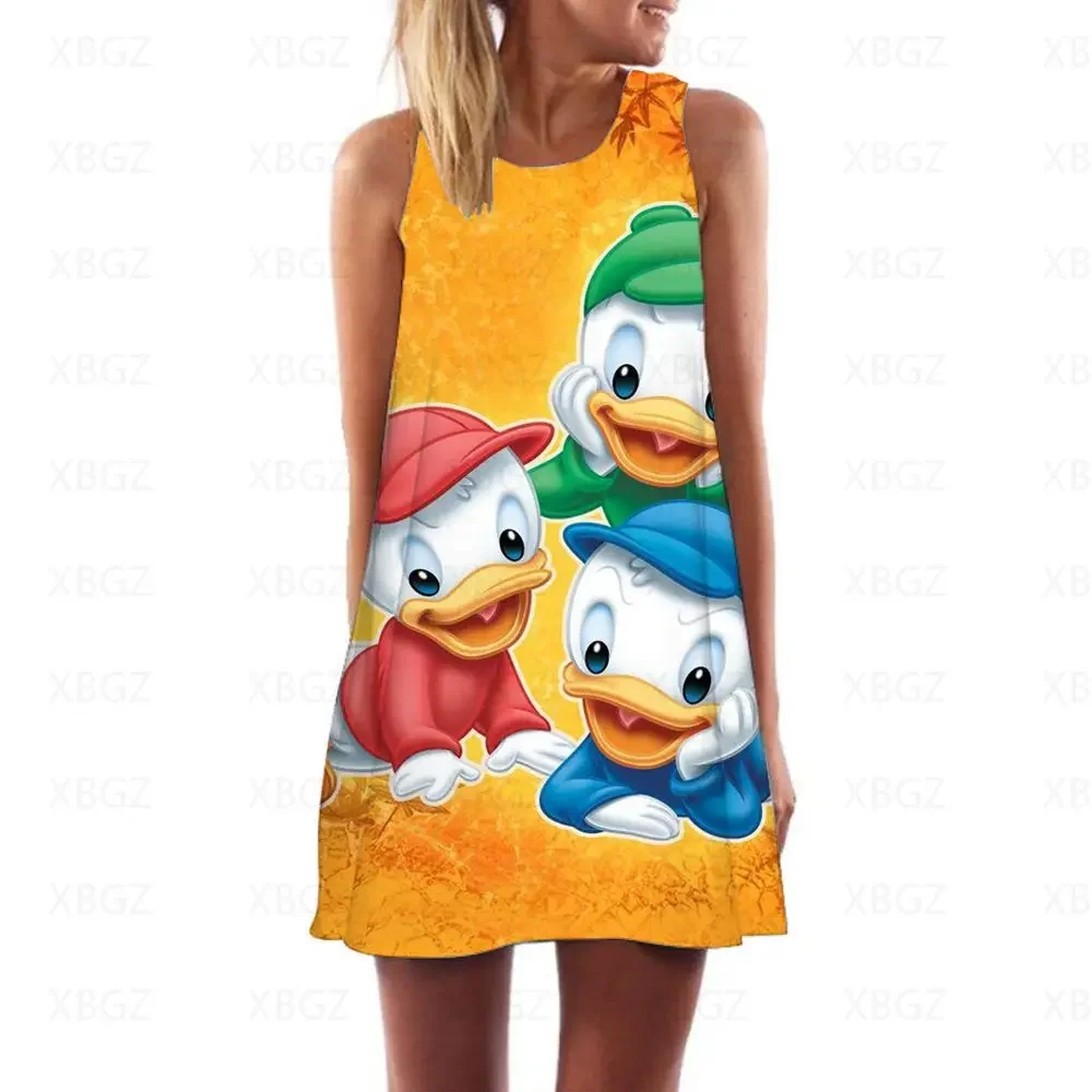 Mini Dress Women\'s Disney Summer Dresses Woman 2022 Cartoon Sundresses Sleeveless Beach Cool Party Fashion Donald Duck Boho Sexy