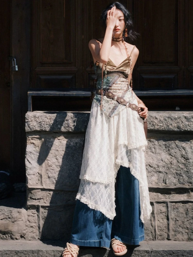 فستان ريترو فلورال هالتر تنورة صغيرة عالية الخصر بوليستر سباندكس مزيج غير متماثل على شكل حرف H مناسب للشابات