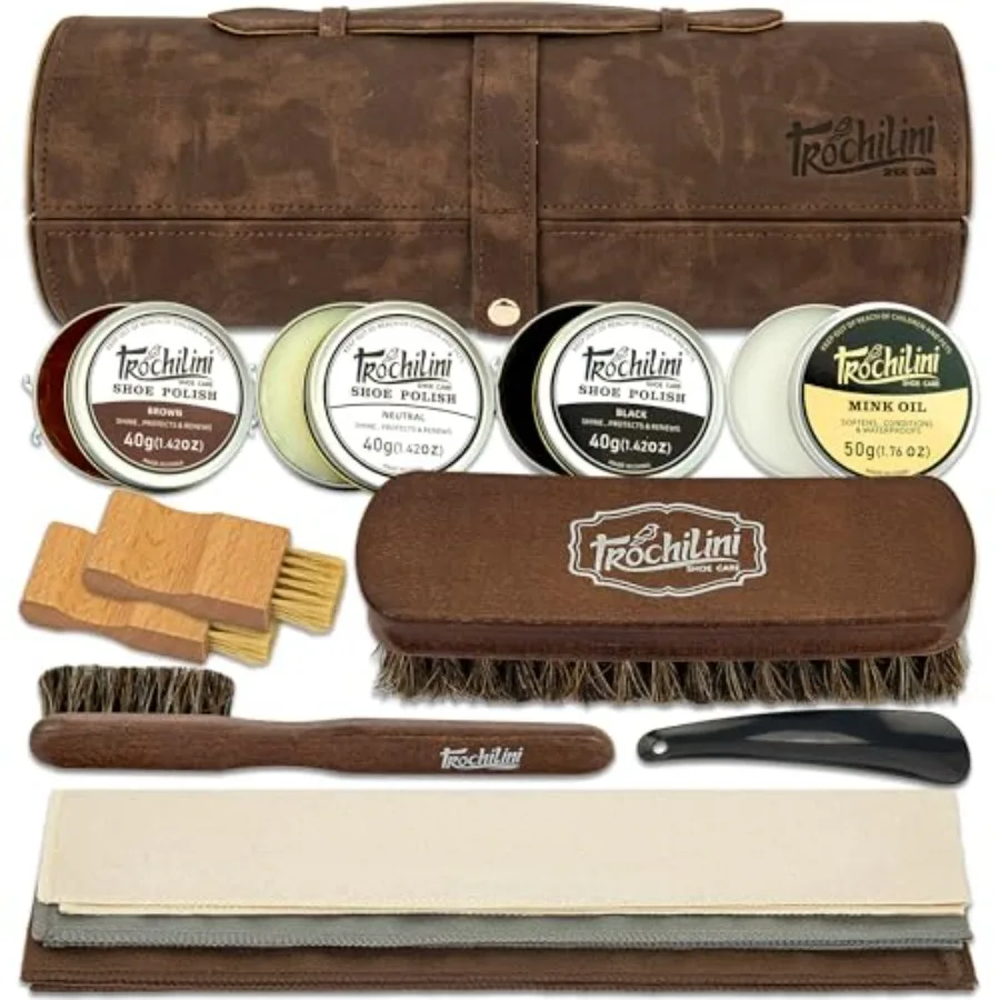 

Shoe Polish Kit 13PC Shoe Shine Leather Boot Shoe Care Set Mink Oil Brushes and More for Gentle Care Cleaning