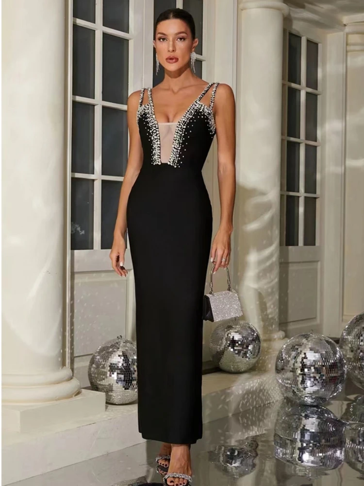 

Sexy Spaghetti Strap Shiny Crystal Bandage Dress Women Black Sleeveless Diamonds Bodycon Long Dresses Evening Club Party Gowns