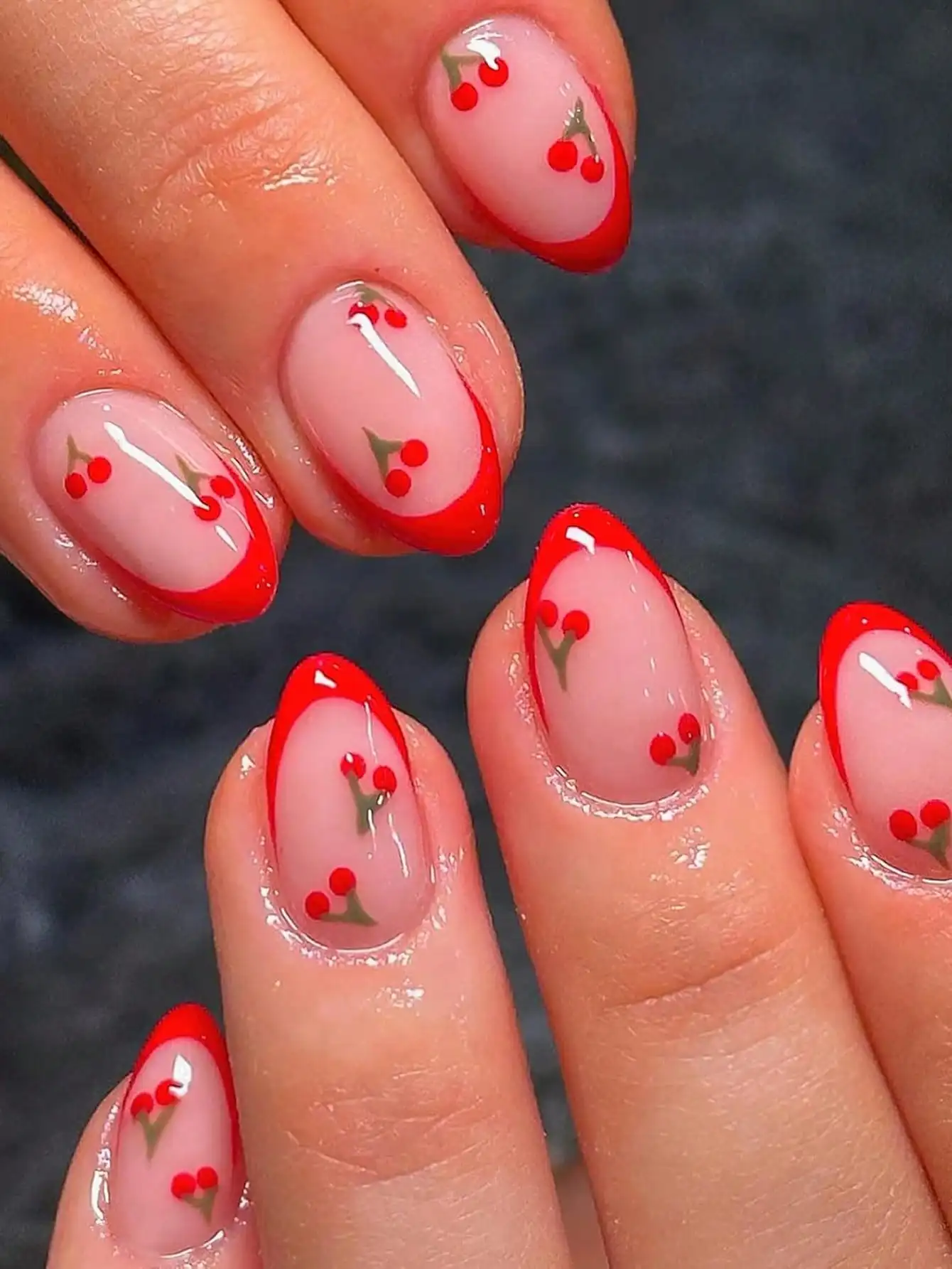 

French Sakura Press On Nails 24pcs, Short Red Almond Nail Set with Fruit Pattern for Women and Girls, Nail Art Looks and Weekend Wear