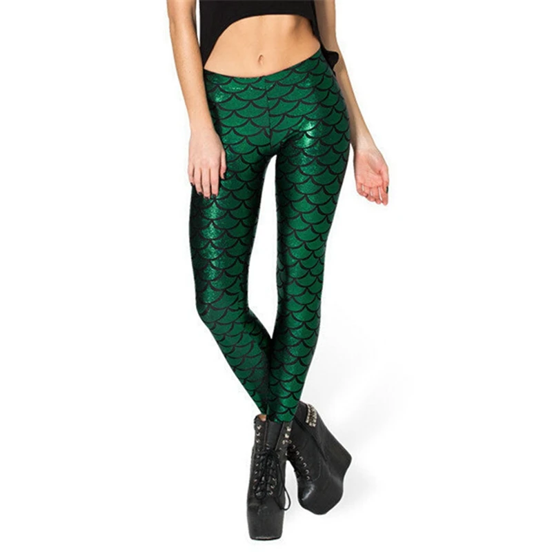 Women's Mermaid Legging In Shiny Green Fish Scale Design High Waisted Stretch Pants For Casual And Party Wear