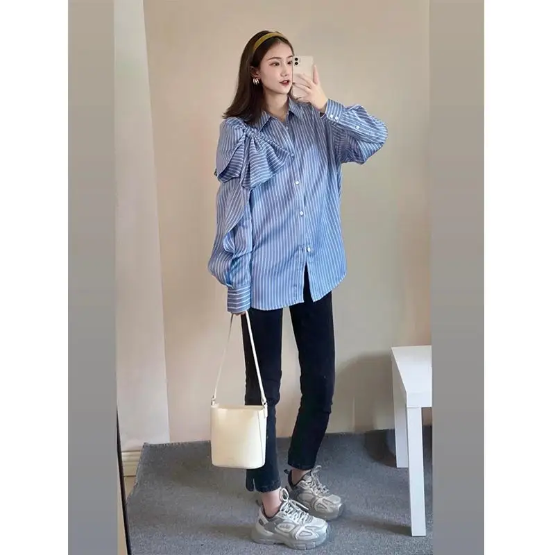 

Elegant Striped Shirts Women Bow Patchwork Blouses Office Ladies Korean Long Sleeve Single Breasted Casual Design Tops TT1285
