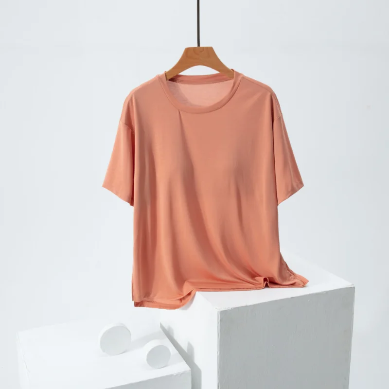 Pyjama d\'Été à Manches Courtes avec Coussinets de Poitrine, en Acétate, T-shirt Simple en Coton Doux pour la Maison, Nouveauté 2024