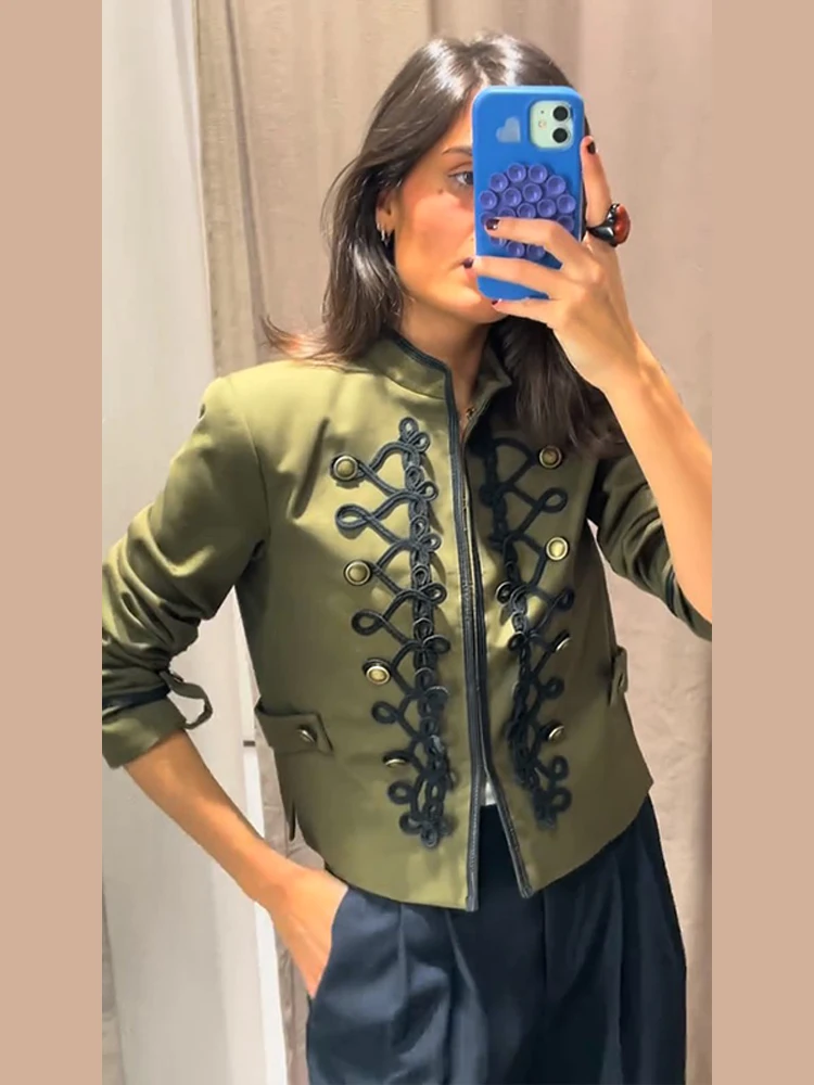 Elegant Women's Green Napoleon Jacket Fashion Stand Collar Button Full Sleeve Slim Short Coat 2026 Autumn Lady Street Outwears
