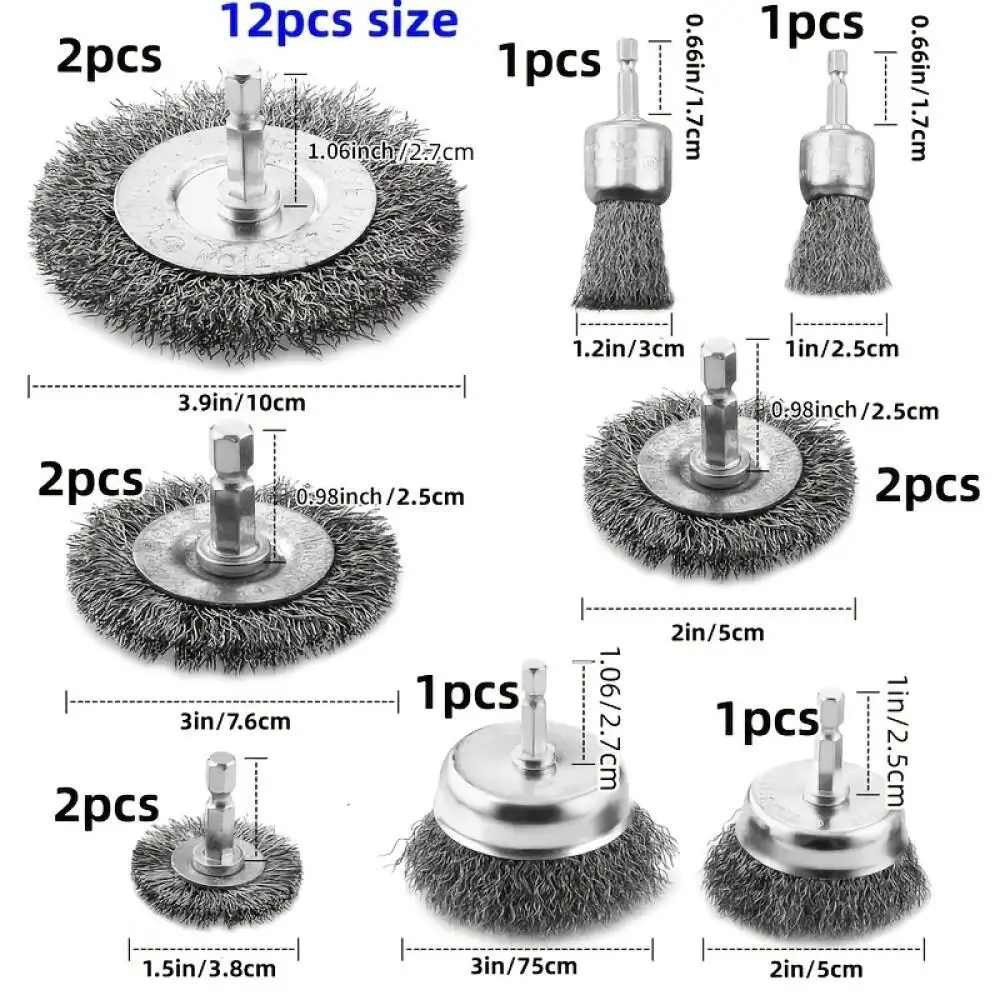 Professional Carbon Steel Wire Wheel Brush Bits - Rust Cleaning Attachment with 1/4" Hex Shank, Cup Brush