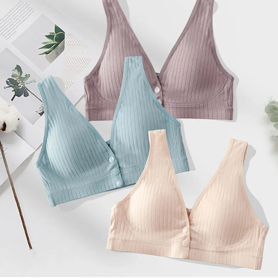 Pregnant Women Cotton Vest Style Non Steel Ring Front Open Button Solid Color Feeding Bra Women Breastfeeding Bra