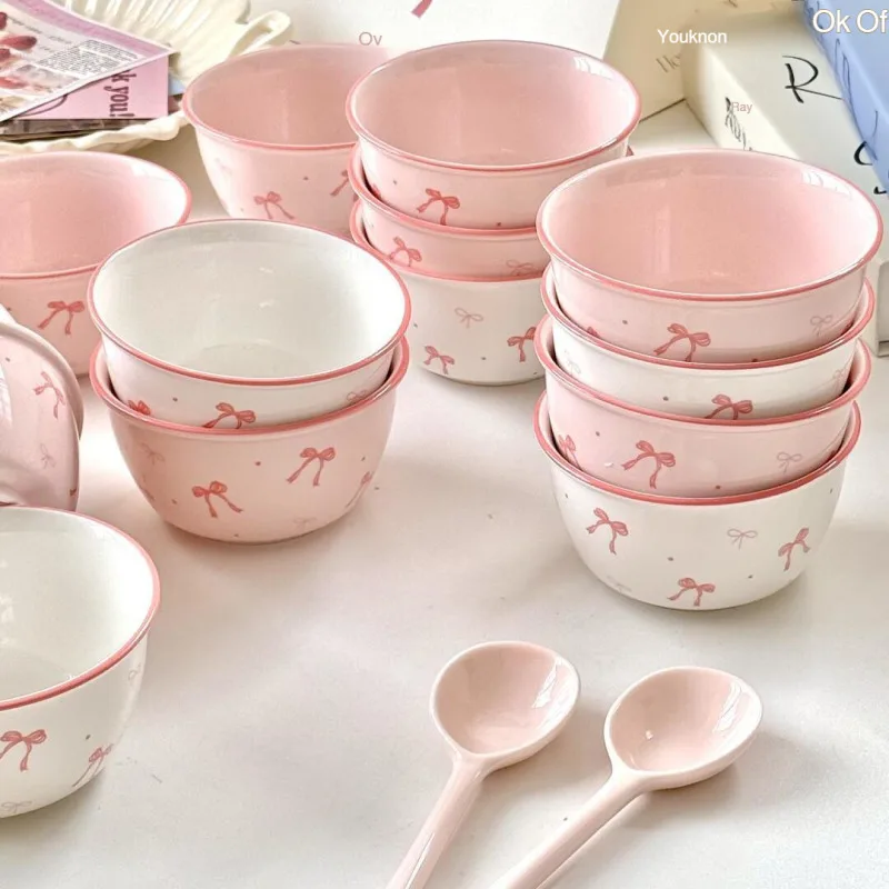 

Pink Bow Rice Ceramic Bowls Spoons Plates Underglaze Color Tableware Dessert Bowl Set
