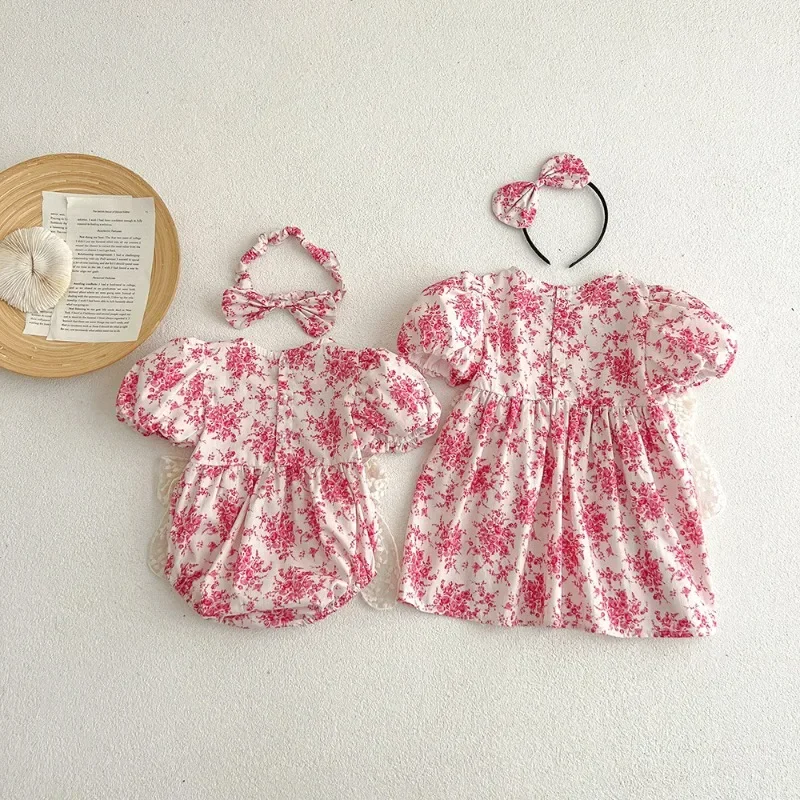 New Summer Family Matching Outfits Baby Girl One-piece Short Sleeved Lace Bow Bodysuit/Floral Dress Sisters Twins Clothing H4413