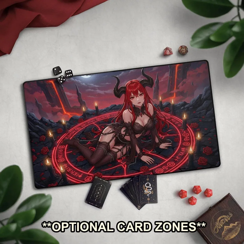 Anime Vampire Girl TCG Playmat, Waifu Demon Mat With EDH Zones, Red Eyed Gothic Succubus, Extended Playmat, Summoning Ritual