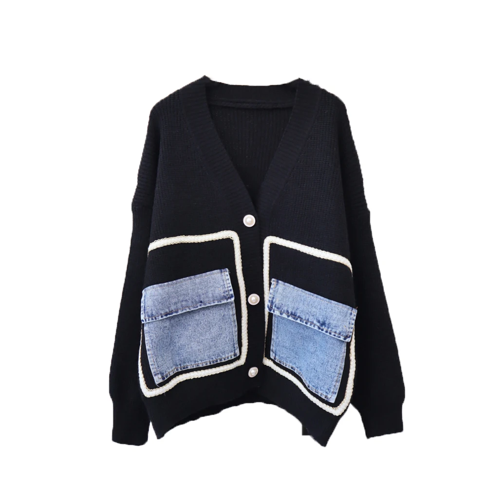 2024 Autumn Winter Sweater Cardigans Casual All-Matched Loose Denim Patchwork Pockets Single Breasted V-Neck Knitted Outerwears