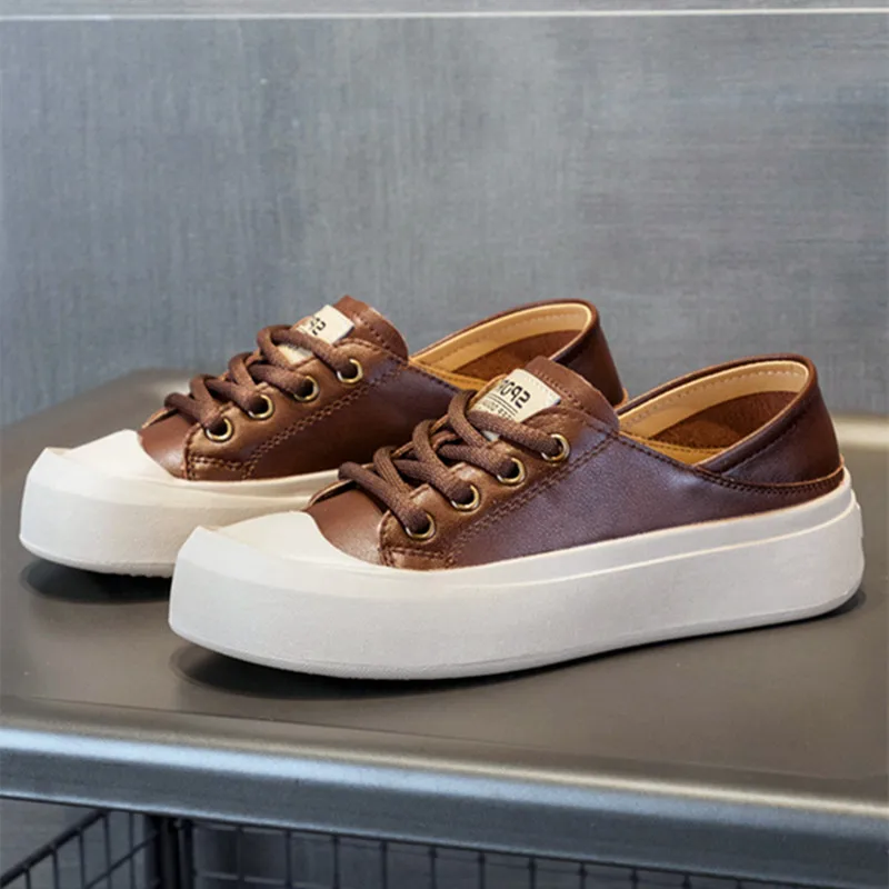 

Lightweight Comfortable Lace-up Flat Shoes Women Retro Style Thick Leather Casual Sneakers Soft Bottom Non-slip Walking Shoes