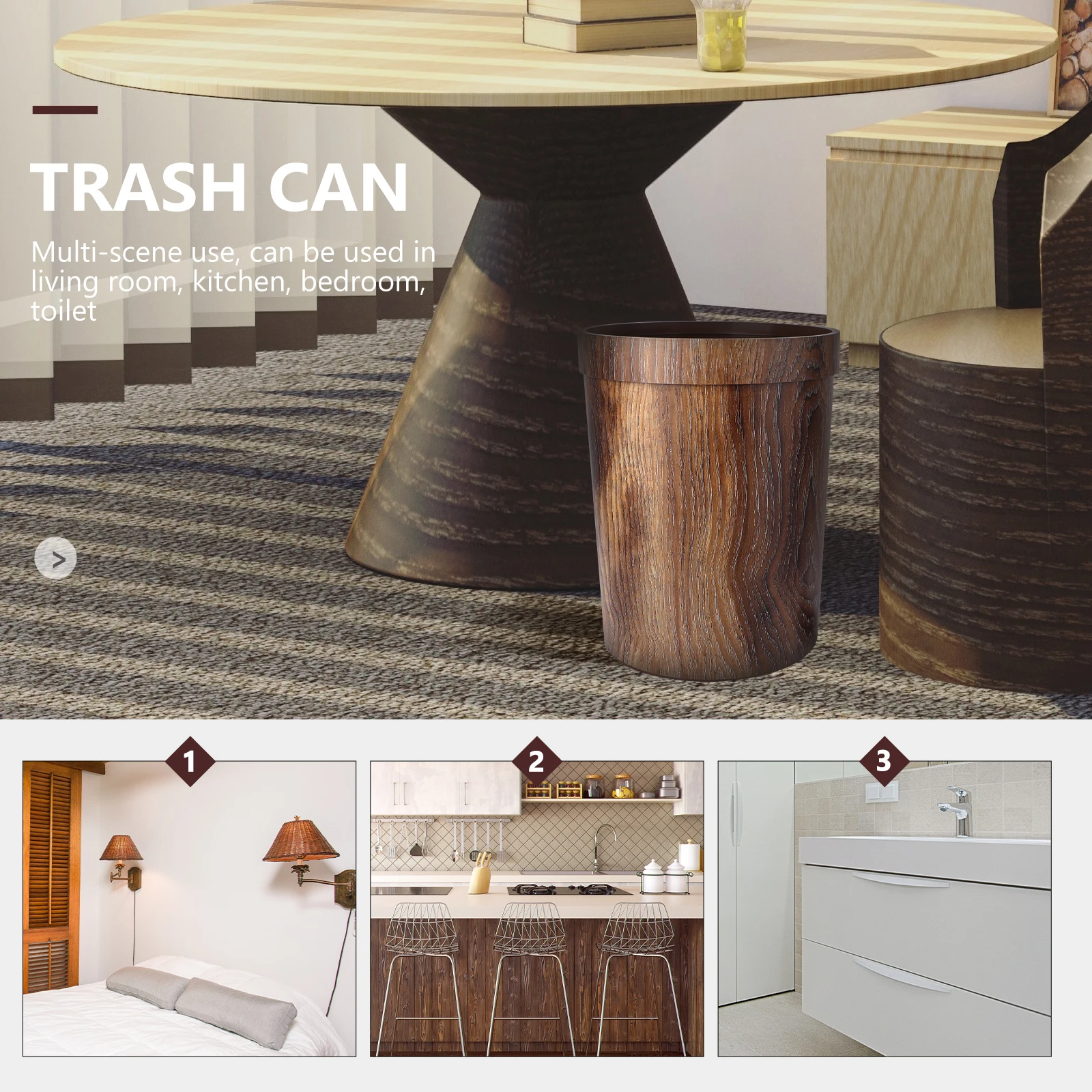 

Retro Trash Cans Wood Grain Wastebasket Kitchen Bedroom Office PP Material Large Size Garbage Can Recycling Bin Home Use