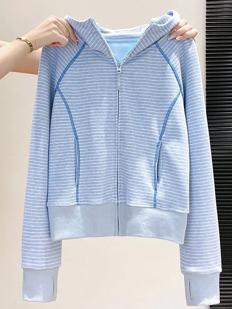 Blue Striped Hooded Zipper Cardigan Women's Casual Outerwear Top Color Block Bright Stitch Small Size Autumn New Arrival