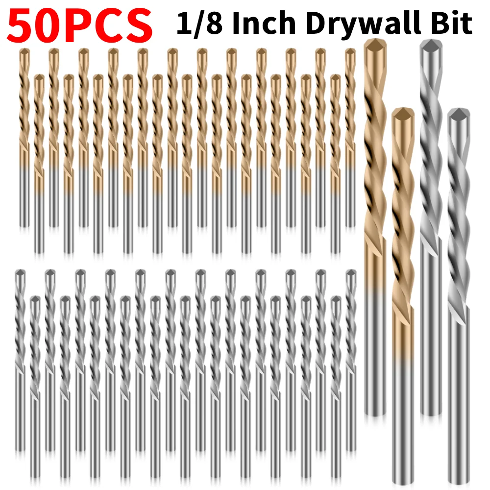50Pcs 1/8 Inch Wall Masonry Drill Bit M2 High Speed Steel Spiral Saw Tip Cutting Bits for Drywall Brick Concrete Marble Drilling