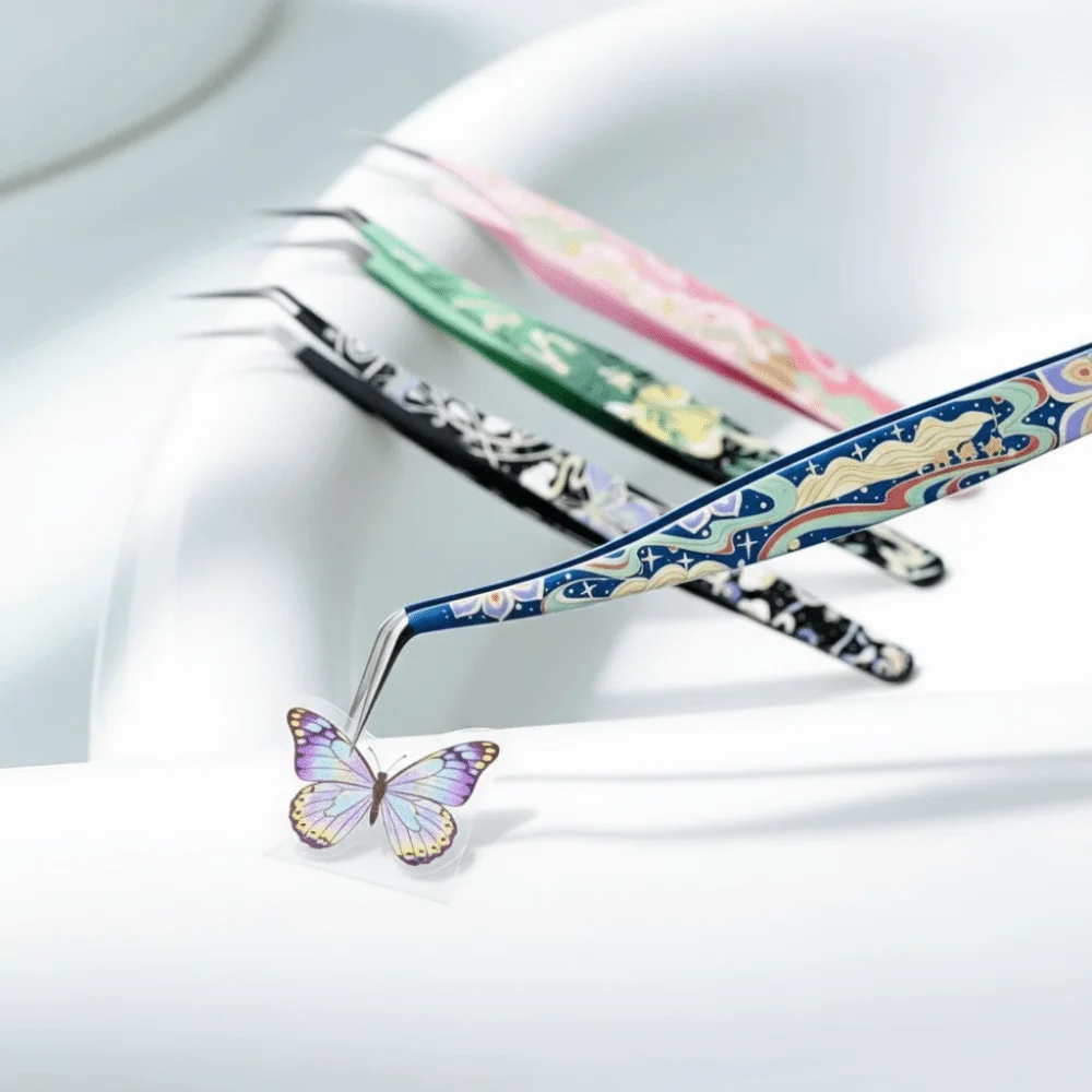 Metal Curved Stickers Tweezers High Precision Anti-static False Eyelash Tweezers Cartoon Eyelash Curler Miniature Scene Stickers
