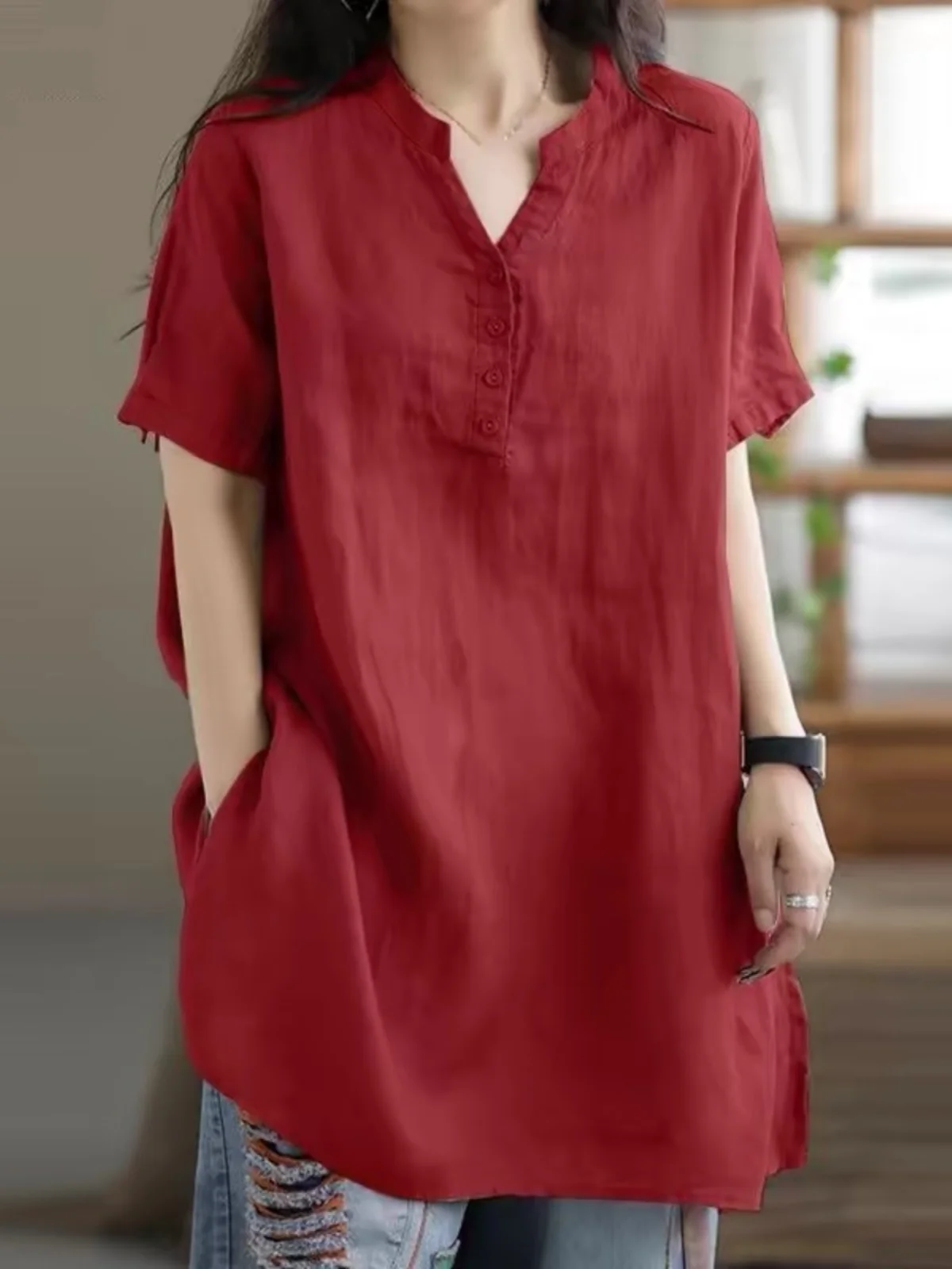 

plus Size Women's Cotton Linen irt Summer New Sle Casual Mid-Length Dr Loose Fit Commute Sle f Open Collar