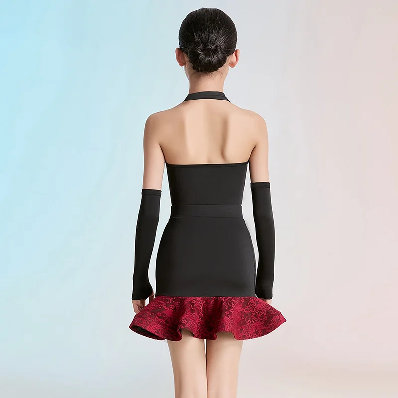Sommer Neue Latin Dance Kostüme Mädchen Schwarz Rot Leistung Anzug Halter Body Rüschen Rock Cha Cha Rumba Tango Kleid AMY1634