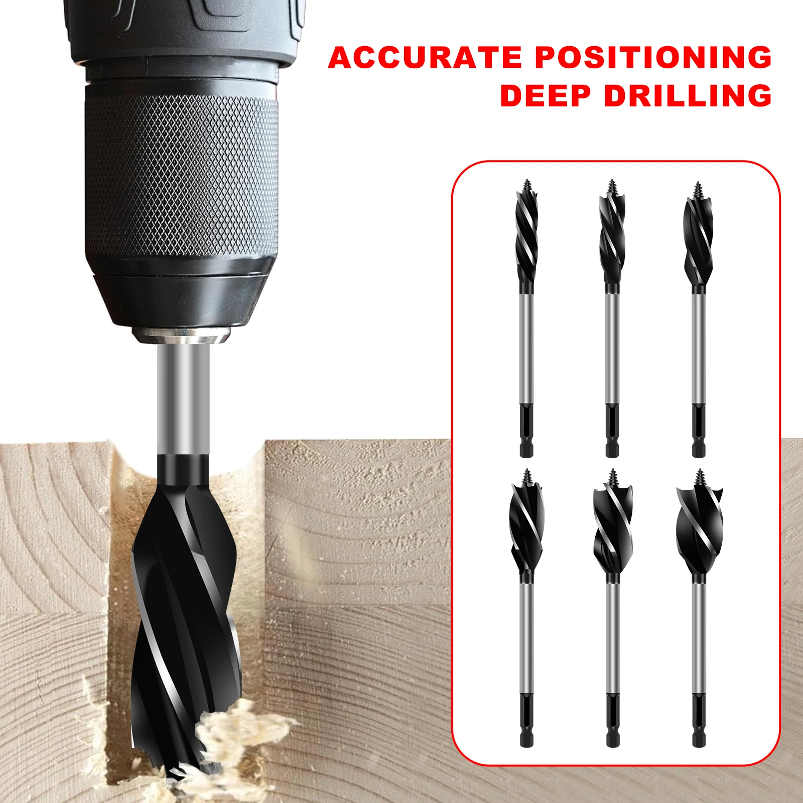 6Pcs Wood Auger Drill Bit Set High Carbon Steel 4 Flute Cut Drilling Bit Kit Self Tapping Hex Shank Wood Hole Drill Bit Precise