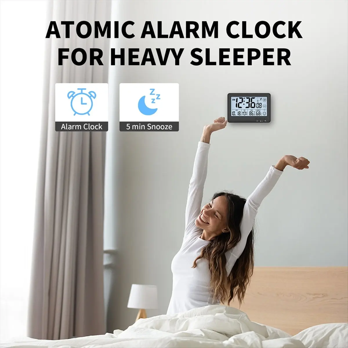 A32I Small Desk Atomic Clock, Auto Set Digital Desk Clocks with Temperature, Humidity and Date,Alarm Clock for Bedroom,Office