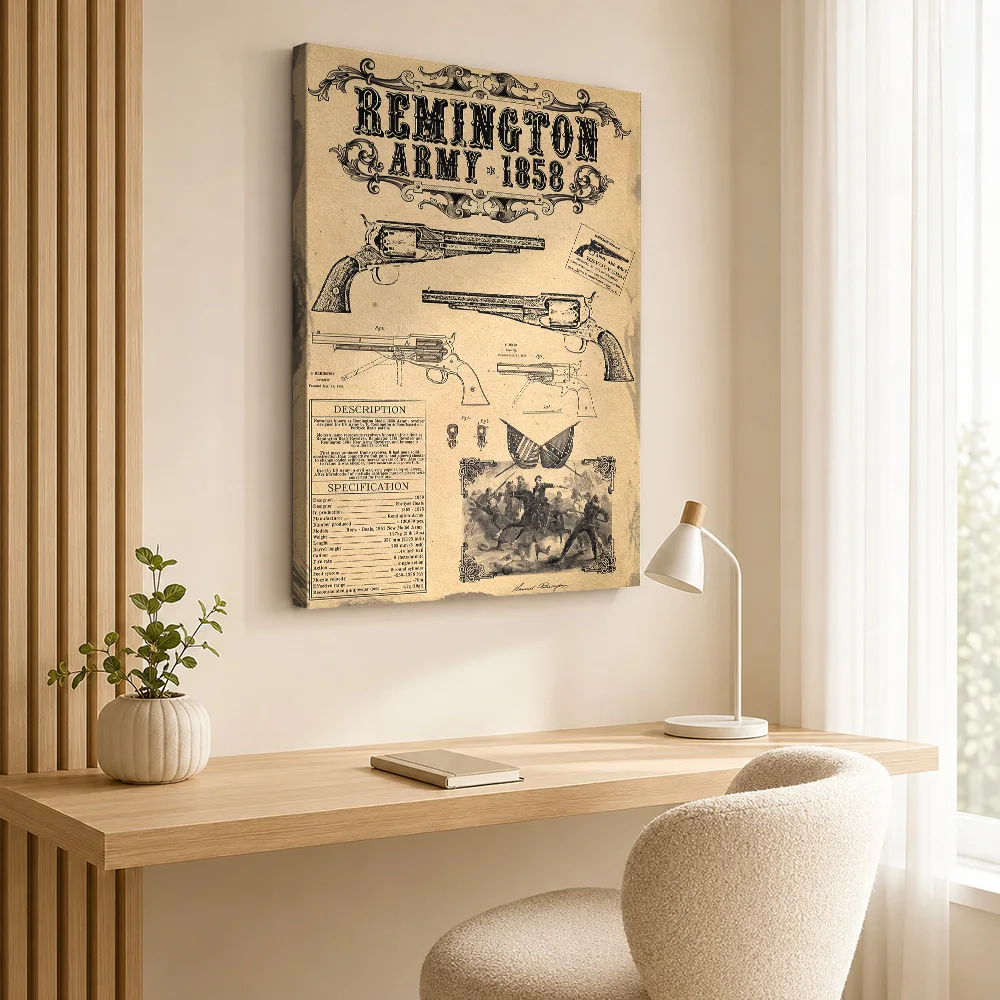 Remington Army 1858 Revolver Wood Framed Canvas Print Personalized Photo Vintage Technical Linework Wall Art For Living Room