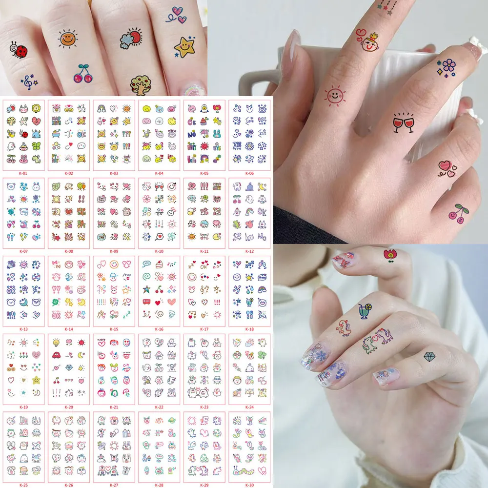 30pcs Cartoon Temporary Tattoos Rabbit Cherry Face Heart Sun Small Pattern Waterproof Tattoo Stickers For Woman Finger Decor