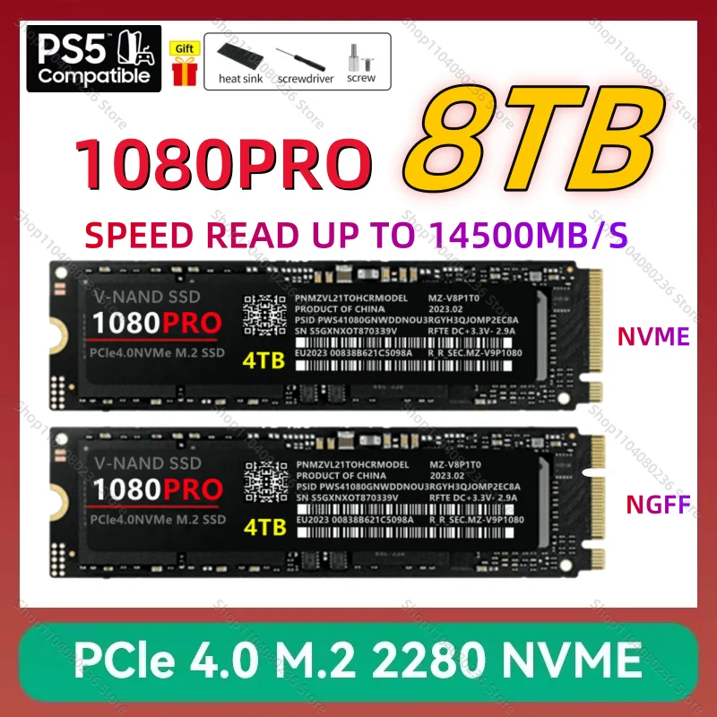 

4TB 2TB 1TB Original 1080PRO SSD M2 2280 PCIe 4.0 NVME NGFF Solid State Drive Read 14500MB/S Hard Disk for Xbox PC PS5 PUBG Game