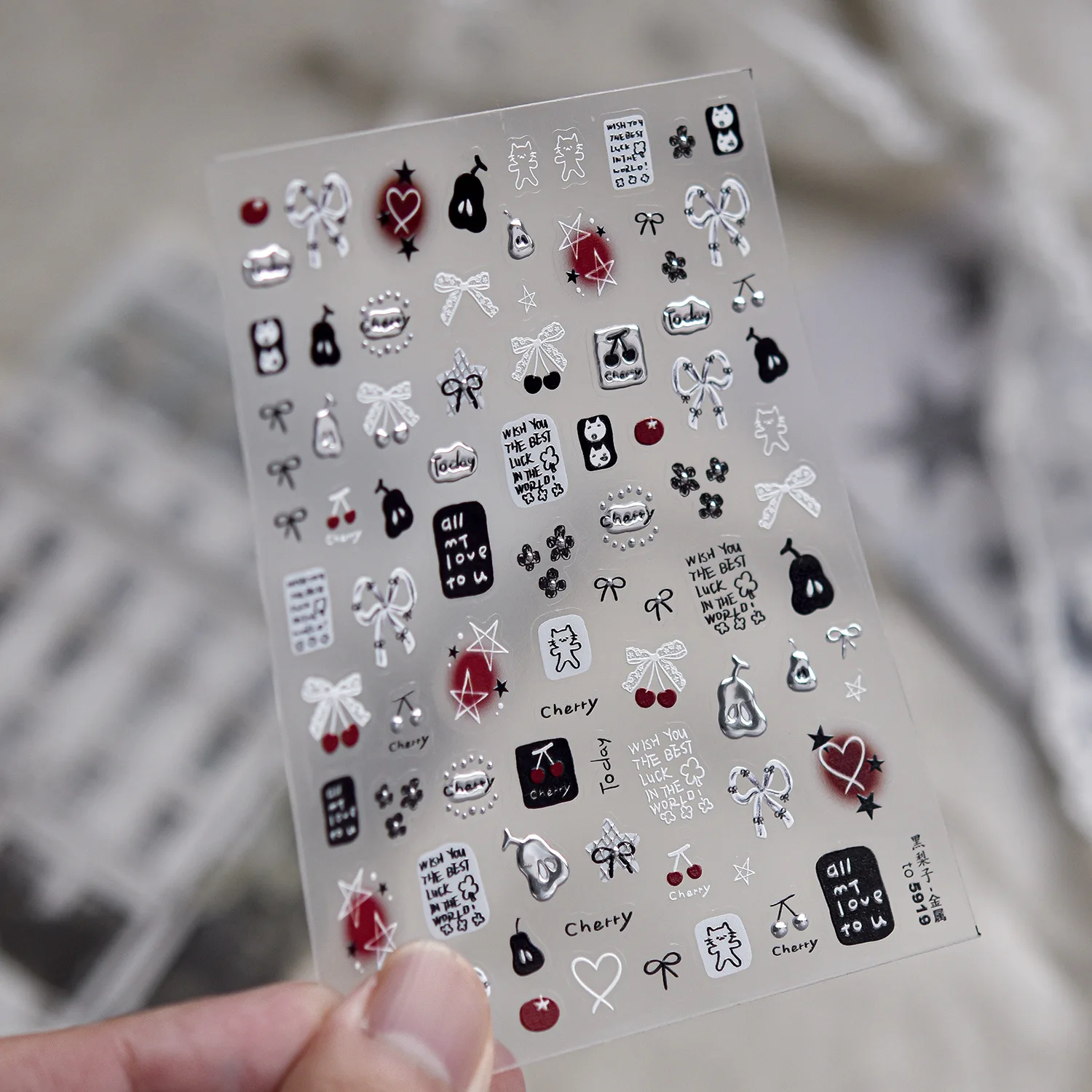 Cherry Fruit Nail Decals 5D Red Black Pear Silver Edge Bow Heart Kitten Four Star Nail Art Stickers Sweet Cool Accessories DIY