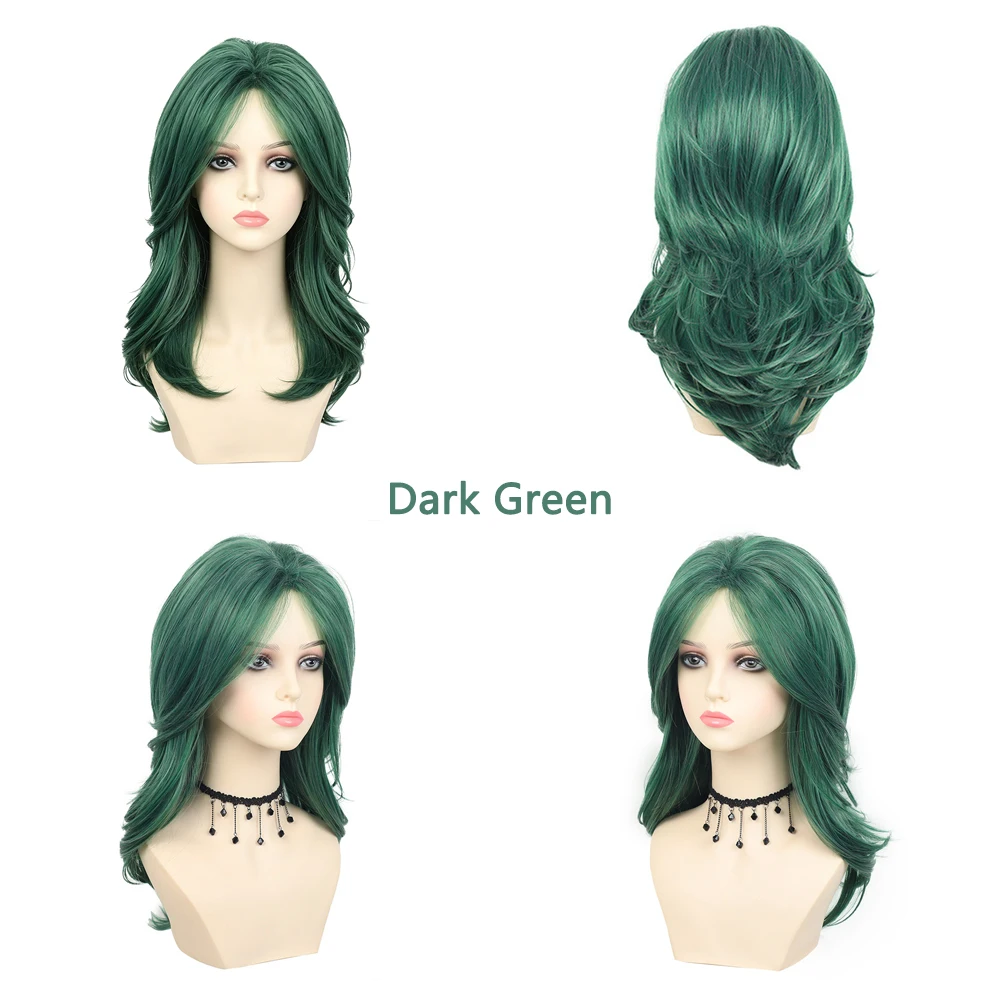 Fashion Dark Green Wig 50cm Medium Long Wavy Curly Wig Natural Looking Synthetic Full Head Wig For Women Party Cosplay Daily Use