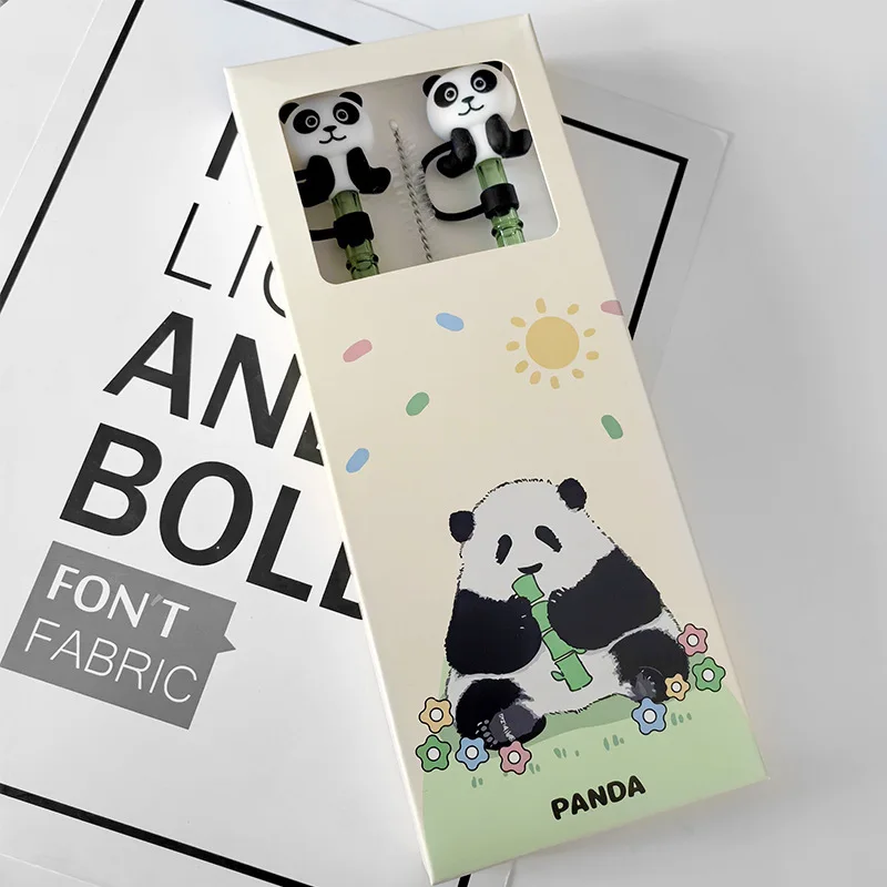 Panda-Themed Glass Straw Set With Bamboo Design & Dustproof Caps - Perfect For Sports & Outdoor Leisure