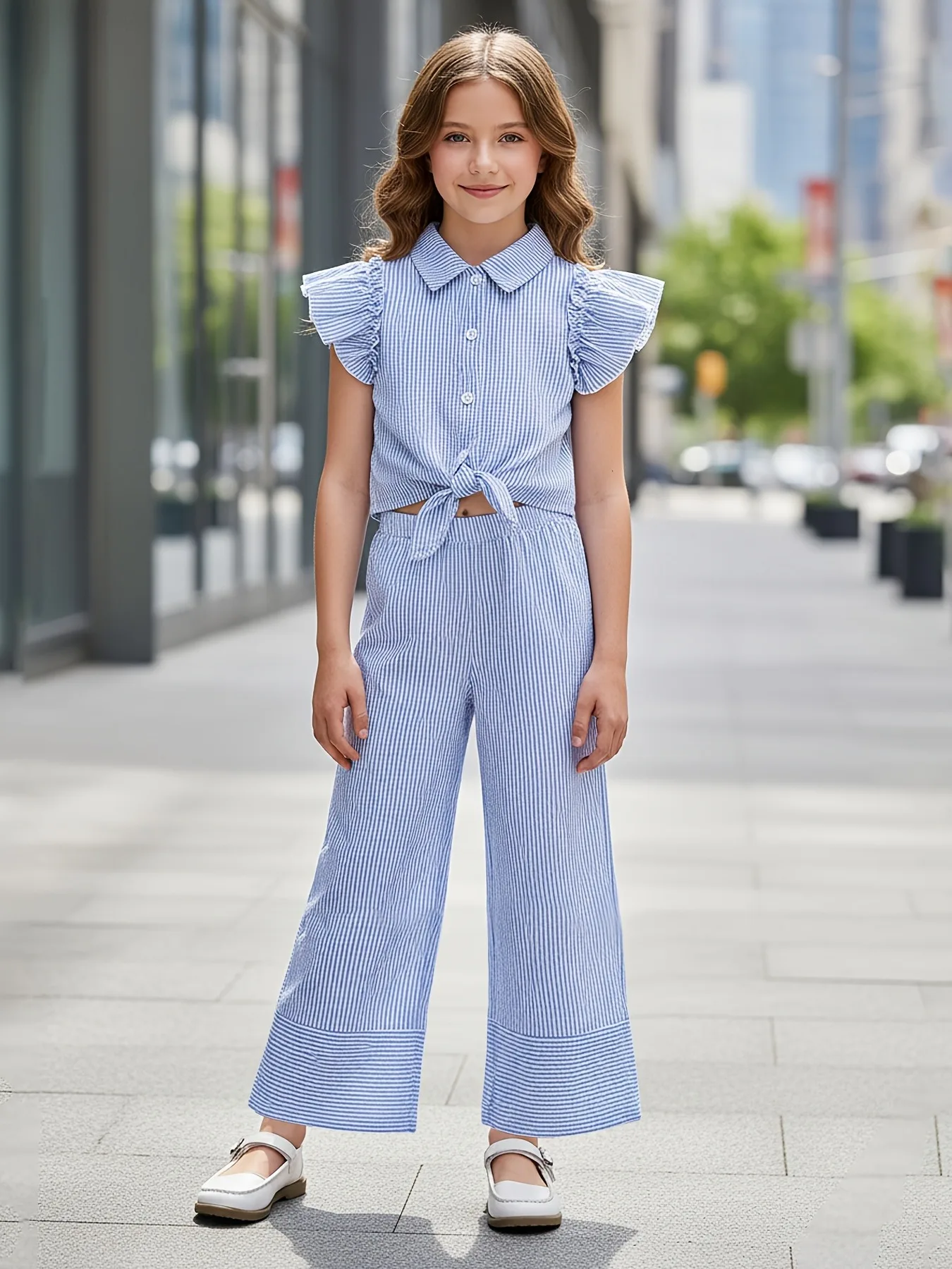 Kids Girls 2-Piece Striped Set, Blue & White Ruffle Sleeve Tie-Front Shirt + Wide Leg Pants Casual Summer Outfit