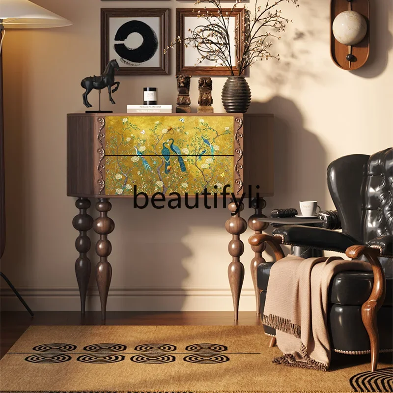 New retro flower carved edge cabinet walnut multi-layer living room sofa flower and bird decorative cabinet