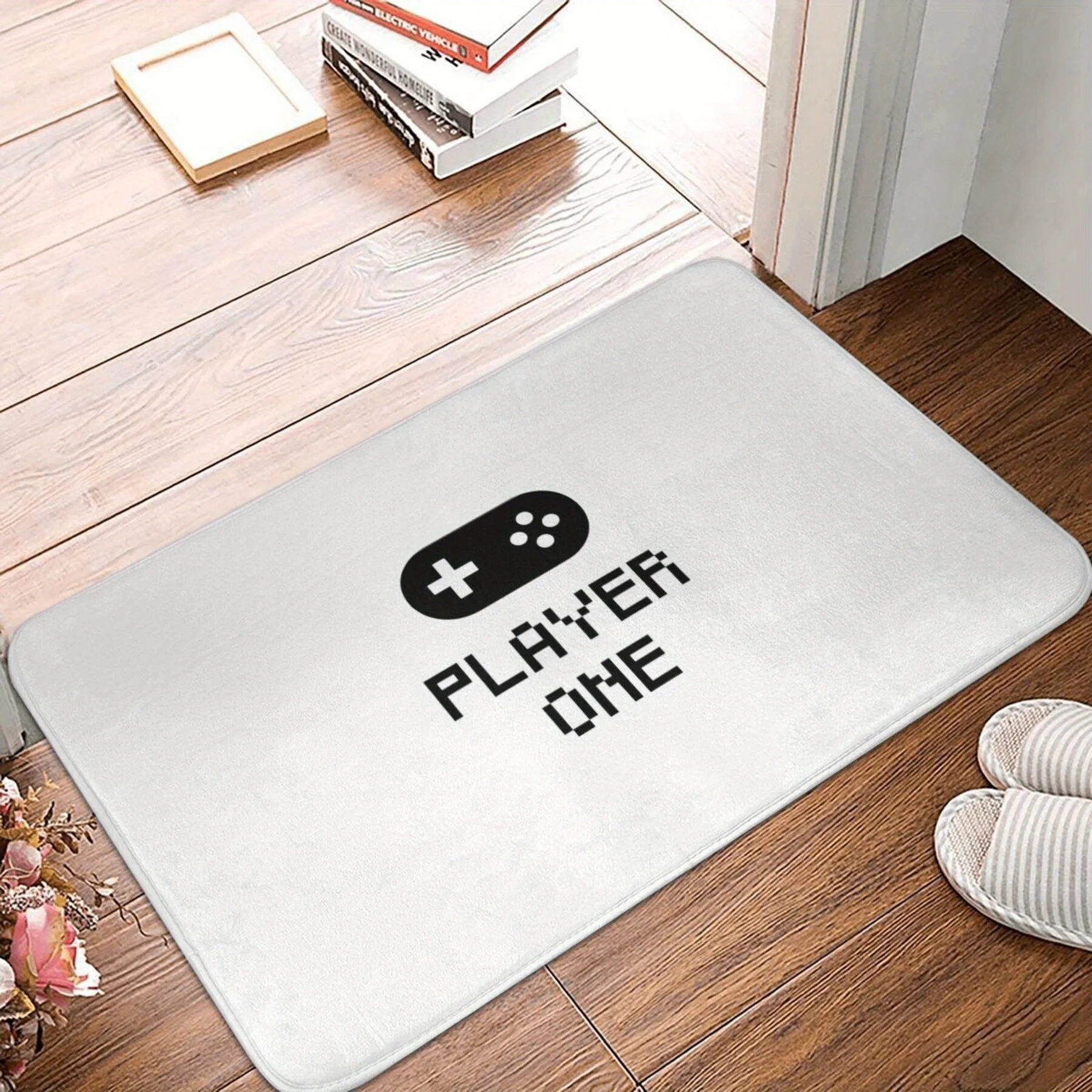 1pc of Flannel Doormat for Outdoor And Indoor Use, a Souvenir And Holiday Gift, Featuring a Player One Gaming Theme. This White