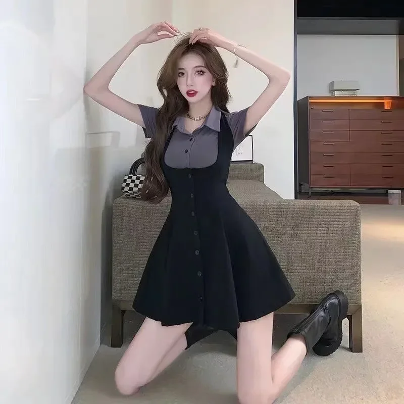 

New Spring Sexy Polo Collar Fake Two Piece Dress Short Sleeve Dress Y2k Summer Korean Preppy Bodycon Dress For Women