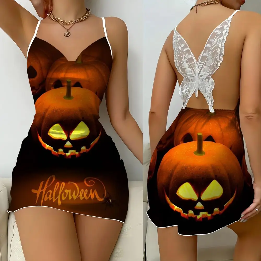 Backless dress Silk Face Party Dress Halloween Pumpkin Skull Series Printed Horror butterfly decorated lazy pyjamas sheath dress